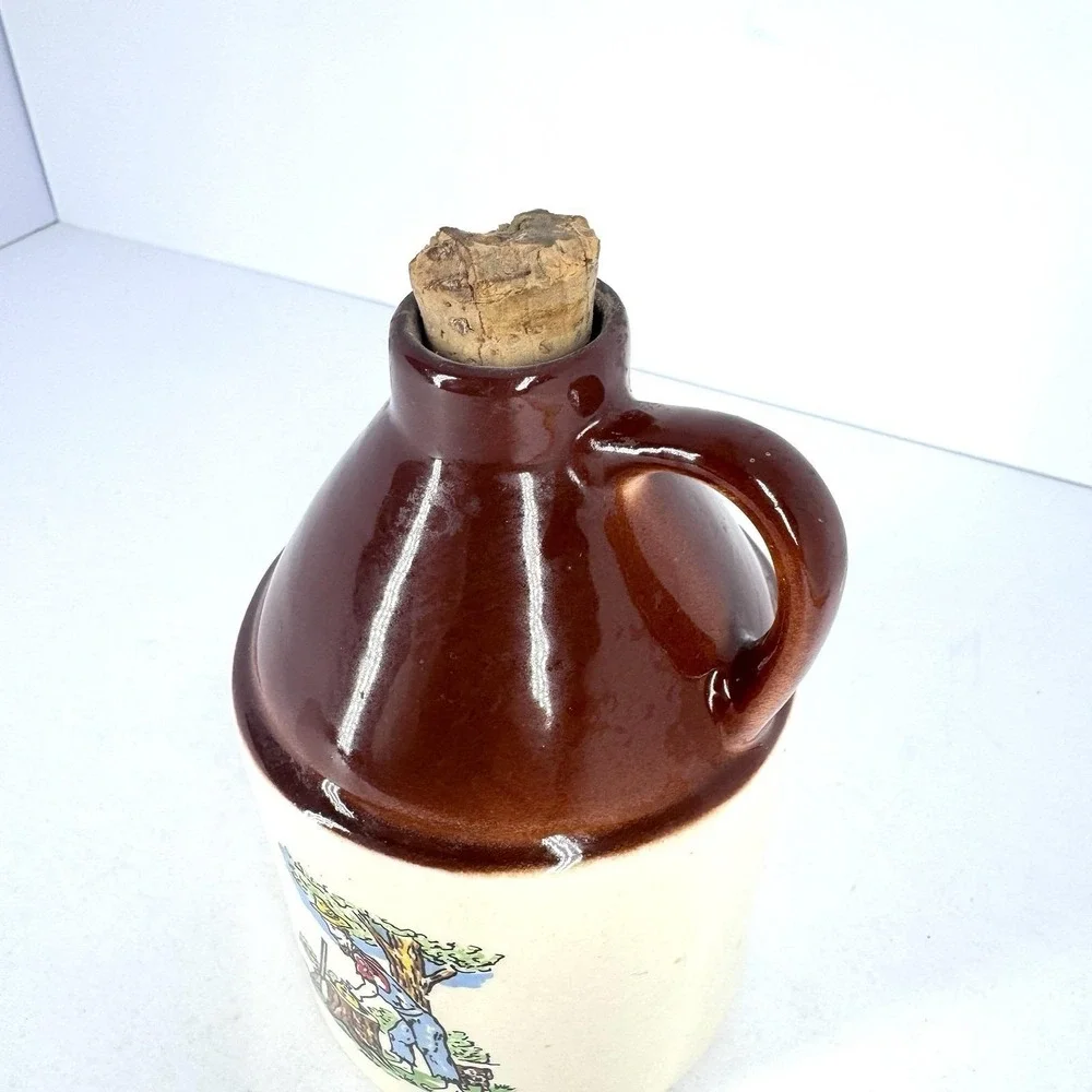 Vintage Mini Stoneware Maple Syrup Jug Cork Stopper Brown Cream‎ USA Pottery
